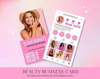 Instagram Business Card Pink Beauty IG Business Card Template with QR Code for Nails Lash Hair and Beauty Businesses, Editable DIY Canva