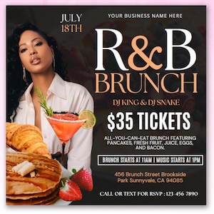 May include: A black and orange flyer advertising an R&B brunch event on July 18th. The flyer features a woman with long black hair, a plate of pancakes, and a glass of juice. The text on the flyer reads "R&B Brunch", "DJ King & DJ Snake", "$35 Tickets", "All-you-can-eat brunch featuring pancakes, fresh fruit, juice, eggs, and bacon", "Brunch starts at 11am | Music starts at 1pm", "456 Brunch Street Brookside Park Sunnyvale, CA 94085", and "Call or text for RSVP: 123-456-7890".