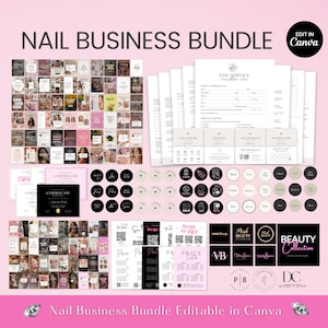 Peut inclure: Graphique rose avec le texte "NAIL BUSINESS BUNDLE" et "Edit in Canva". L'image comprend des cartes de visite, des formulaires, des certificats, des autocollants et des codes QR. Le bas du graphique indique "Nail Business Bundle Editable in Canva".