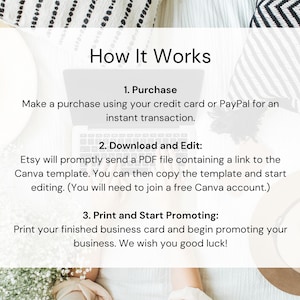 May include: A white card with black text explaining how to purchase, download, edit, print, and promote a business card template. The text includes the words "Purchase", "Download and Edit", and "Print and Start Promoting".