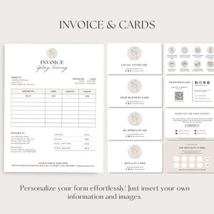 Puede incluir: Un conjunto de tarjetas de visita imprimibles y una plantilla de factura para un negocio de bronceado por pulverizaci&oacute;n. Las tarjetas presentan un dise&ntilde;o minimalista con un dibujo de l&iacute;nea de un rostro de mujer. La plantilla de factura incluye una tabla para enumerar los art&iacute;culos y los precios.