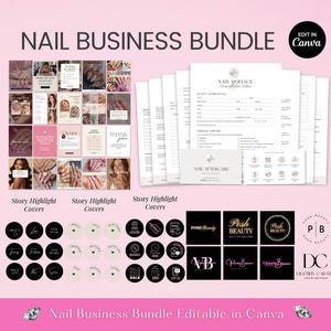 以下が含まれることがあります： 「NAIL BUSINESS BUNDLE」と「Edit in Canva」のテキストが入ったピンク色のグラフィック。画像には、ストーリーハイライトカバー、ネイルサービスフォーム、ロゴが含まれています。画像の下部には「Nail Business Bundle Editable in Canva」と書かれています。