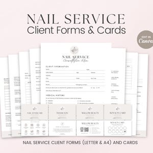 Puede incluir: Un conjunto de formularios y tarjetas de servicio de uñas imprimibles. Los formularios incluyen un formulario de consulta, información del cliente, historial médico, cuidado posterior de las uñas y una tarjeta de agradecimiento. Las tarjetas incluyen una tarjeta de fidelización y una tarjeta de Willow Beauty. Los formularios y las tarjetas están diseñados en un estilo minimalista con un motivo floral.