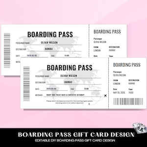Plantilla de tarjeta de embarque editable, tarjeta de embarque, billetes de avión personalizables, tarjeta de regalo para billetes de avión, vale de regalo, cupón de regalo