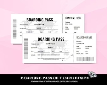 Editable Boarding Pass Template, Boarding Pass, Customizable Airplane Tickets, Plane Ticket Gift Card Ticket Gift Voucher, Gift Coupon