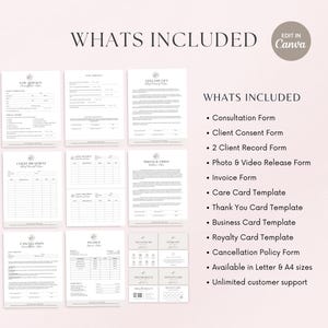 May include: A set of printable forms and templates for a beauty salon or spa business. The forms include a consultation form, client consent form, client record form, photo and video release form, invoice form, care card template, thank you card template, business card template, royalty card template, and cancellation policy form. The forms are available in letter and A4 sizes. Unlimited customer support is included.
