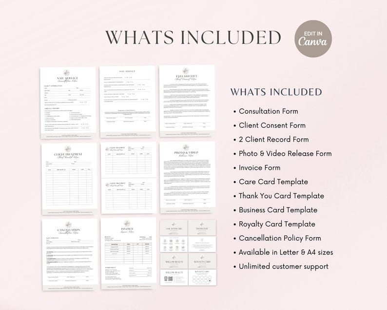 May include: A set of printable forms and templates for a beauty salon or spa business. The forms include a consultation form, client consent form, client record form, photo and video release form, invoice form, care card template, thank you card template, business card template, royalty card template, and cancellation policy form. The forms are available in letter and A4 sizes. Unlimited customer support is included.
