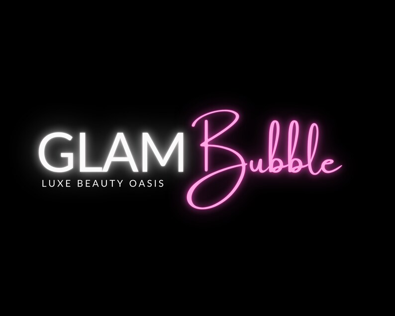 Puede incluir: Un letrero de ne&oacute;n rosa con el texto "Glam Bubble" en una fuente cursiva. El texto "Luxe Beauty Oasis" est&aacute; escrito en blanco debajo del letrero.