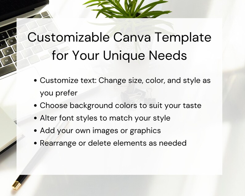 May include: A white background with black text that reads "Customizable Canva Template for Your Unique Needs".  The text is followed by a list of bullet points describing how to customize a Canva template: customize text, choose background colors, alter font styles, add images or graphics, and rearrange or delete elements.