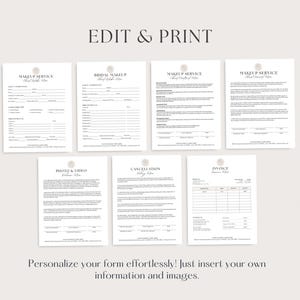 May include: A set of printable forms for makeup services, including a makeup service form, bridal makeup form, photo and video release form, cancellation policy form, and invoice. The forms are designed in a minimalist style with a simple, elegant font.