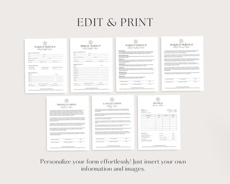 May include: A set of printable forms for makeup services, including a makeup service form, bridal makeup form, photo and video release form, cancellation policy form, and invoice. The forms are designed in a minimalist style with a simple, elegant font.