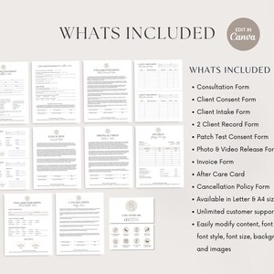 May include: A set of printable forms for lash and brow businesses. The forms include a consultation form, client consent form, client intake form, 2 client record forms, patch test consent form, photo and video release form, invoice form, after care card, and cancellation policy form. The forms are available in letter and A4 sizes. The text "WHATS INCLUDED" is at the top of the image.