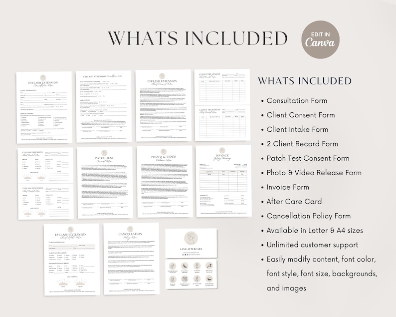 May include: A set of printable forms for lash and brow businesses. The forms include a consultation form, client consent form, client intake form, 2 client record forms, patch test consent form, photo and video release form, invoice form, after care card, and cancellation policy form. The forms are available in letter and A4 sizes. The text "WHATS INCLUDED" is at the top of the image.