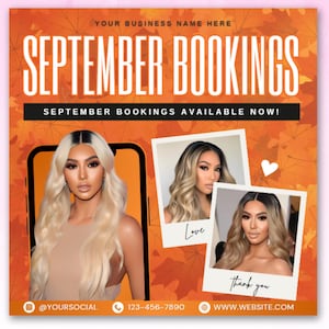 September Booking Flyer, Fall Bookings Available, Appointment Flyer, Book Now Flyer, Hair, Nails, Makeup Lashes Braids Wigs Boutique Flyer