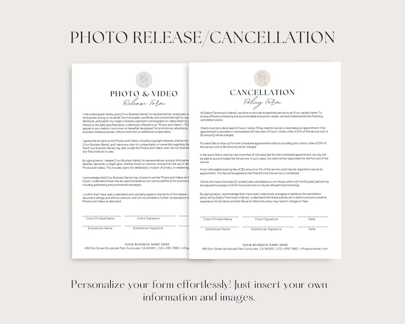 May include: Two printable forms: a photo and video release form and a cancellation policy form. The forms have a minimalist design with a beige background and elegant typography. The text "PHOTO RELEASE / CANCELLATION" is at the top. The forms are designed to be personalised.