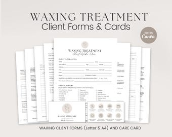 May include: A set of printable waxing treatment client forms and a care card. The forms include client information, medical history, and aftercare instructions. The care card features a minimalist design with icons and text.