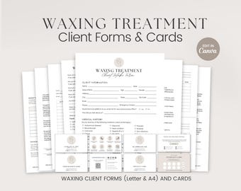 May include: A set of printable forms and cards for waxing treatments. The forms include client information, medical history, and consent. The cards are for loyalty and appreciation.