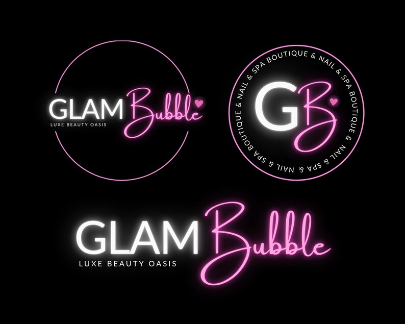 Puede incluir: Un dise&ntilde;o de logotipo rosa y blanco para un negocio llamado "Glam Bubble Luxe Beauty Oasis". El logotipo presenta un c&iacute;rculo con el texto "Glam Bubble" en blanco y un coraz&oacute;n rosa. El texto "Luxe Beauty Oasis" est&aacute; debajo del c&iacute;rculo. El logotipo tambi&eacute;n presenta las iniciales "GB" en blanco con un coraz&oacute;n rosa dentro de la letra "B". El texto "Nail & Spa Boutique & Nail & Spa Boutique & Nail & Spa Boutique & Nail & Spa Boutique" rodea las iniciales.