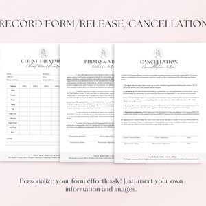 May include: Three printable forms for a business, including a client treatment record, a photo and video release form, and a cancellation form. The forms are designed with a minimalist aesthetic and feature a line drawing of a woman's face.
