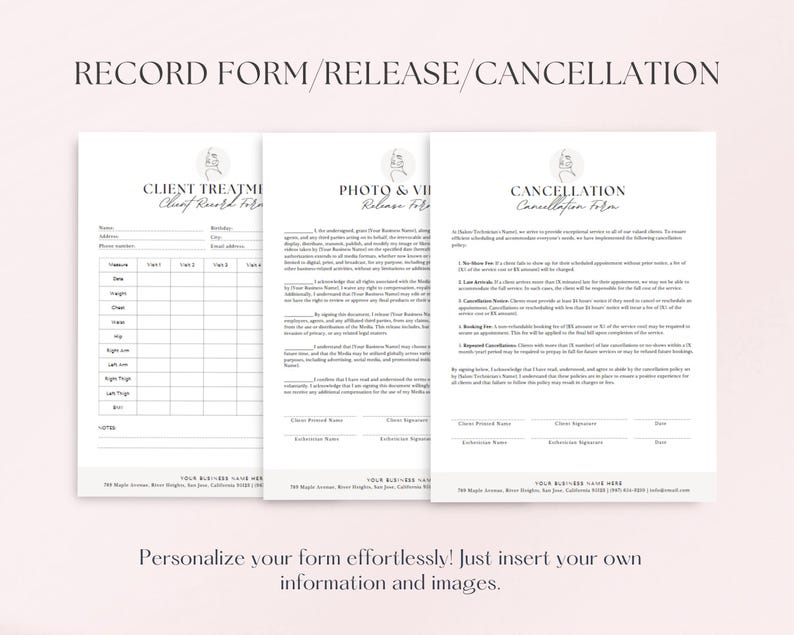 May include: Three printable forms for a business, including a client treatment record, a photo and video release form, and a cancellation form. The forms are designed with a minimalist aesthetic and feature a line drawing of a woman's face.