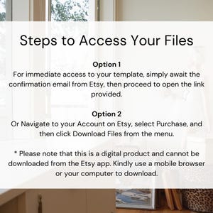 Pu&ograve; includere: Una casella di testo bianca con testo nero che spiega i due modi per accedere ai file digitali acquistati su Etsy. Il testo include le parole "Steps to Access Your Files", "Option 1", "Option 2", "Etsy", "Purchase", "Download Files" e "Si prega di notare che questo &egrave; un prodotto digitale e non pu&ograve; essere scaricato dall'app Etsy. Si prega di utilizzare un browser mobile o il proprio computer per scaricare."