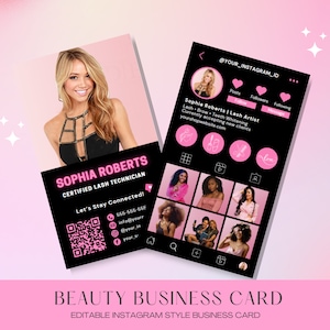 Instagram Visitenkartenvorlage, anpassbare IG Influencer Karte für Kleinunternehmen, digitales Kartendesign, DIY Canva Pink QR Code Karte