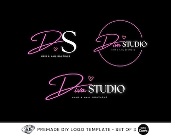 Könnte beinhalten: Drei Logo-Designs für ein Haar- und Nagelstudio namens "Diva Studio". Das erste Logo zeigt die Buchstaben "DS" in einer Schriftart mit einem rosa Herzen. Das zweite Logo zeigt den Text "Diva Studio" in einer Schriftart mit einem rosa Herzen in einem Kreis. Das dritte Logo zeigt den Text "Diva Studio" in einer Schriftart mit einem rosa Herzen.