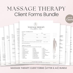 May include: A set of printable massage therapy client forms in a bundle. The forms are in a light gray color scheme with black text. The forms include a client information section, a medical history section, and a massage therapy consultation form. The forms are available in letter and A4 sizes.