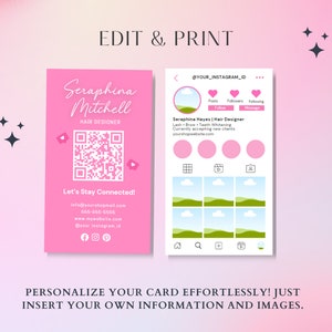 May include: Pink and white business card template for a hair stylist named Seraphina Mitchell. The card includes a QR code, contact information, and a social media icon. The card also includes a mock-up of an Instagram profile page with a pink and green color scheme.