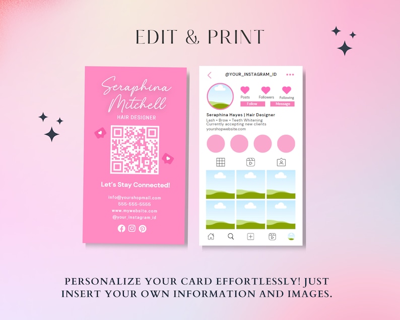 May include: Pink and white business card template for a hair stylist named Seraphina Mitchell. The card includes a QR code, contact information, and a social media icon. The card also includes a mock-up of an Instagram profile page with a pink and green color scheme.