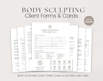 May include: A set of printable client forms and a care card for a body sculpting business. The forms are in a light gray color scheme with a minimalist design. The text on the forms includes "Body Sculpting Client Intake Form" and "Client Information". The care card features a stylized illustration of a body with a circle around it.