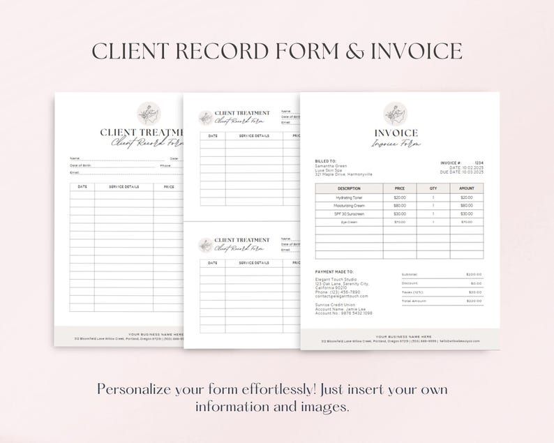 May include: A printable client record form and invoice template for a beauty business. The form includes sections for client information, service details, and pricing. The invoice includes sections for billing information, itemized services, and payment details. The template features a floral design and the text "Client Record Form & Invoice".