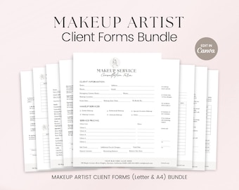 May include: A bundle of printable makeup artist client forms in black and white. The forms include a consultation form, makeup services, and service pricing. The forms are designed to be edited in Canva.