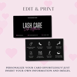 May include: Black business card design for lash care services. The card features the text "LASH CARE" in white and pink, with aftercare instructions and social media handles. The background is pink with heart shapes.