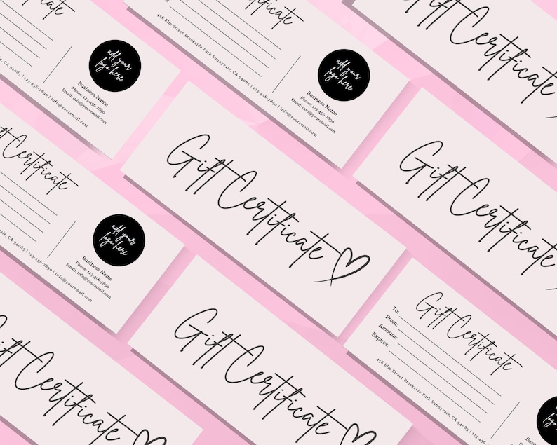 May include: A set of pink gift certificates with the text "Gift Certificate" in black cursive writing. The certificates have a black circle with the text "All your logo here" in white.