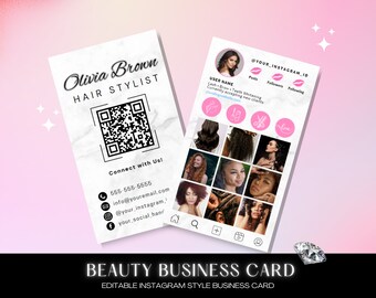 Template for business cards, Instagram business card, beauty artist, beauty salon, white and black business card, Canva template, Editable