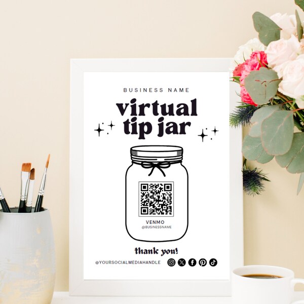 Virtual Tip Jar Sign, Printable Virtual Tip Jar Venmo Payment Sign QR Code Sign Template, Editable Tips Accepted Sign Canva Template