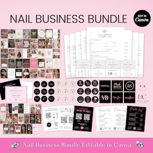 Pode incluir: Gráfico rosa e branco com um pacote de negócios de unhas. O pacote inclui cartões de visita, listas de preços, certificados e materiais de marketing. O texto inclui "Nail Business Bundle Editable in Canva."