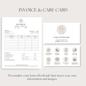 May include: A printable invoice and care card template for spray tanning services. The invoice includes a section for description, price, quantity, and amount. The care card includes instructions for lash aftercare, such as avoiding getting lashes wet for 24 hours, not using oil-based products, and brushing and cleaning lashes daily.