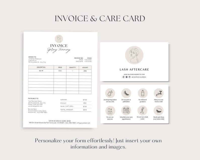 May include: A printable invoice and care card template for spray tanning services. The invoice includes a section for description, price, quantity, and amount. The care card includes instructions for lash aftercare, such as avoiding getting lashes wet for 24 hours, not using oil-based products, and brushing and cleaning lashes daily.