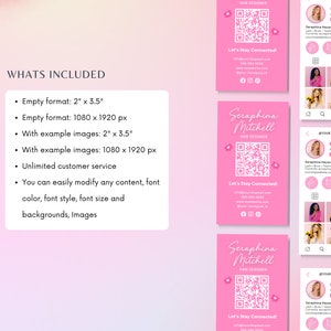 May include: Pink and white social media template for a hair stylist. The template includes a QR code, a logo, and contact information. The text "Let's Stay Connected" is included. The template is designed for use on Instagram.