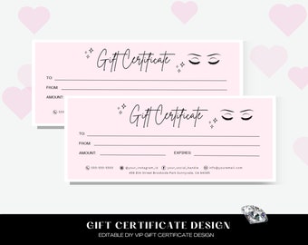 May include: Two pink gift certificate templates with black text. The top of each certificate has a pair of closed eyes with eyelashes and two stars. The text on the certificates reads "Gift Certificate".