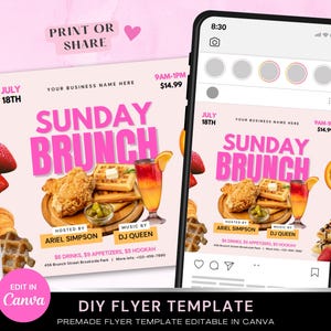 May include: A pink and white flyer template for a Sunday brunch event. The flyer features a photo of fried chicken, waffles, and drinks. The text on the flyer reads "Sunday Brunch" and includes the date, time, and price. The flyer is designed to be edited in Canva.