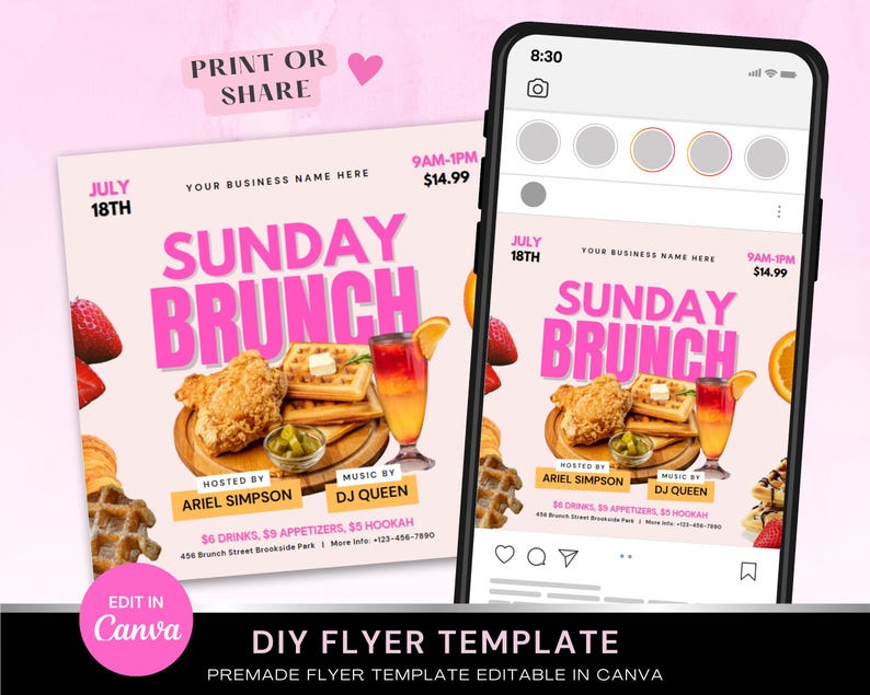 May include: A pink and white flyer template for a Sunday brunch event. The flyer features a photo of fried chicken, waffles, and drinks. The text on the flyer reads "Sunday Brunch" and includes the date, time, and price. The flyer is designed to be edited in Canva.