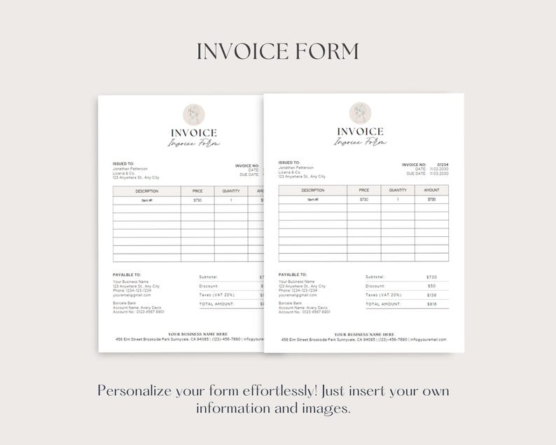 May include: A printable invoice form template featuring a floral design. The form includes fields for invoice number, date, issued to, description, price, quantity, amount, payable to, subtotal, taxes, and total amount.