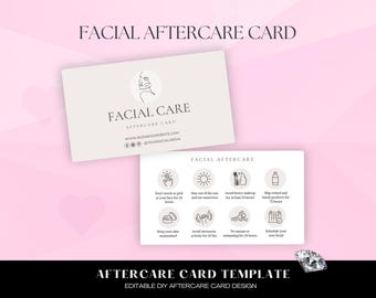 May include: Two light beige facial aftercare cards with black text and icons on a pink background. The top card reads "FACIAL AFTERCARE CARD" and "FACIAL CARE". The bottom card has aftercare instructions with icons.