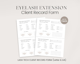 Eyelash Extension Client Record Card Form, Editable Eyelash Extension Form, Lash Tech Consultation, Esthetician Forms, Lash Technician Forms