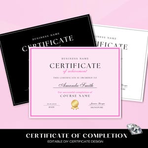 Certificate Of Completion Template, Esthetician Template, Printable Lash Artist Certificate, Editable Training Certificate, Black White Pink