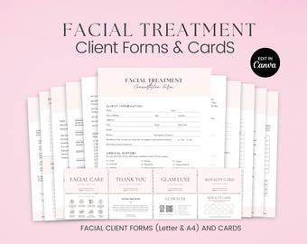 May include: A set of light pink facial treatment client forms and cards. The forms include sections for client information and medical history. The cards feature the text "Facial Care", "Thank You", "Glam Luxe", and "Royalty Card". The text "Facial Treatment Client Forms & Cards" is at the top.