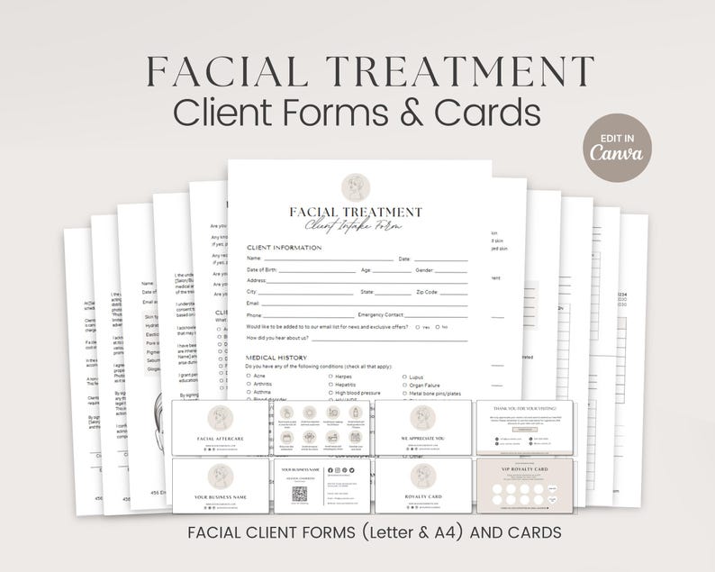 Puede incluir: Un conjunto de formularios y tarjetas de tratamiento facial imprimibles para clientes. Los formularios incluyen informaci&oacute;n del cliente, historial m&eacute;dico y notas de tratamiento. Las tarjetas son para programas de fidelizaci&oacute;n y apreciaci&oacute;n del cliente.